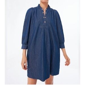 Pomander Place Chambray Claiborne Dress Ruffle Neck Gold Button Medium